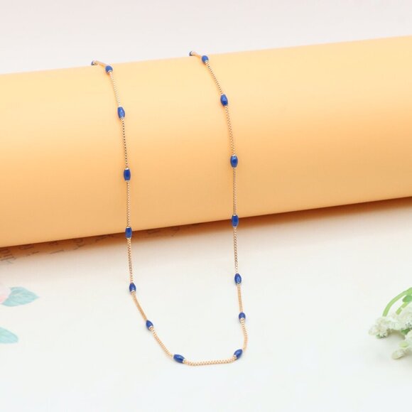 "Rose Gold Beaded Necklace with Blue Accents, Adjustable, XPNL0337 - Picture 7 of 11
